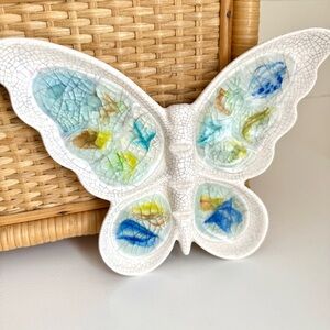 Vintage Butterfly, Crackle glaze, Trinket Dish, Jacquin Pottery Ceramic